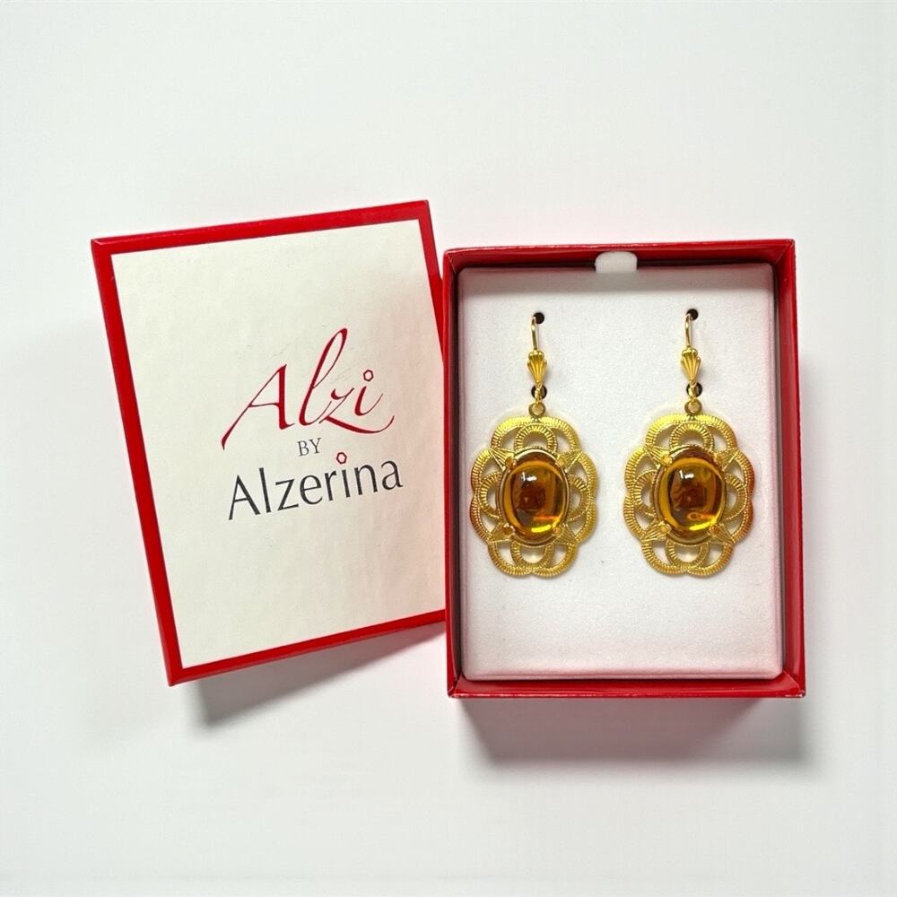 Alzi by Alzerina 24K Gold Magnolia Earrings Topaz Austrian Crystal Handmade NYC